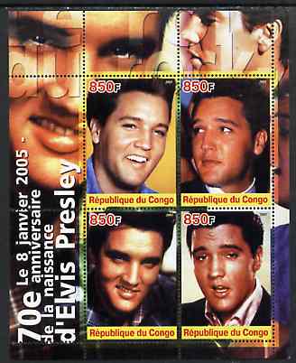 Congo 2005 70th Birth Anniversary of Elvis Presley perf sheetlet containing 4 values unmounted mint, stamps on , stamps on  stamps on music, stamps on  stamps on personalities, stamps on  stamps on elvis, stamps on  stamps on entertainments, stamps on  stamps on films, stamps on  stamps on cinema