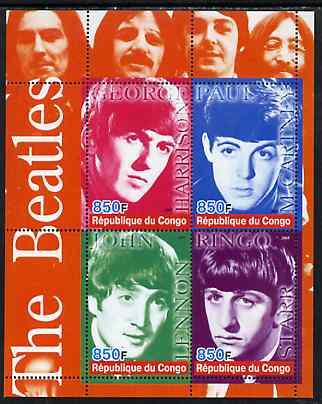 Congo 2005 The Beatles perf sheetlet containing 4 values unmounted mint, stamps on , stamps on  stamps on music, stamps on  stamps on personalities, stamps on  stamps on beatles, stamps on  stamps on entertainments, stamps on  stamps on films, stamps on  stamps on cinema