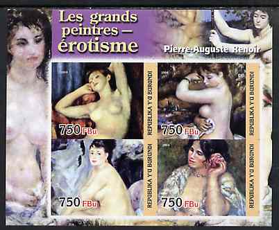 Burundi 2004 Nude paintings - Pierre-Auguste Renoir imperf sheetlet containing set of 4 values unmounted mint, stamps on , stamps on  stamps on arts, stamps on  stamps on nudes, stamps on  stamps on renoir