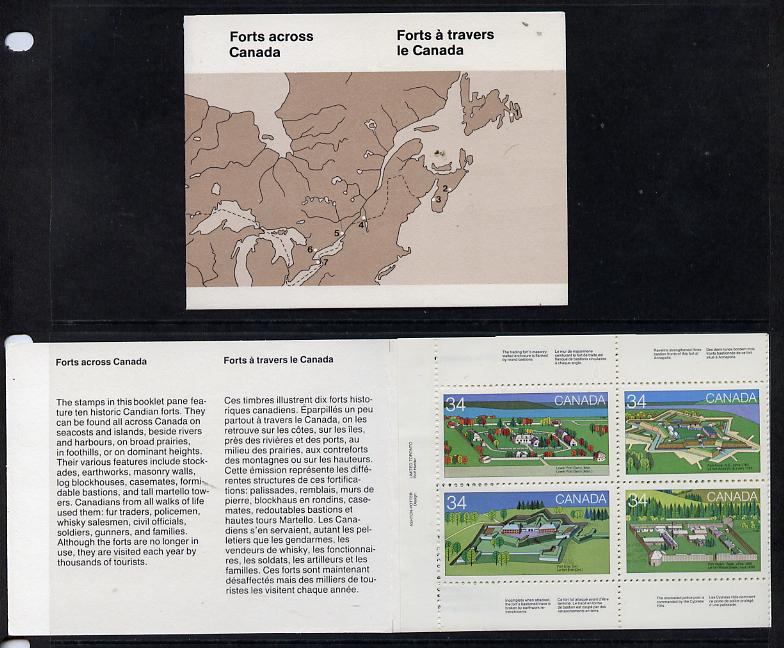 Canada 1985 Forts complete set of 10 (SG 1163a) in $3.40 booklet (brown cover showing map) SG SB96, stamps on , stamps on  stamps on buildings    maps   militaria    forts