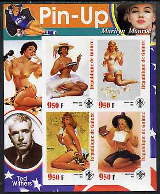 Guinea - Conakry 2003 Pin-up Art of Ted Withers featuring Marilyn Monroe imperf sheetlet containing 4 values (each with Scout logo) unmounted mint, stamps on films, stamps on cinema, stamps on entertainments, stamps on women, stamps on marilyn monroe, stamps on personalities, stamps on scouts, stamps on arts, stamps on glamour