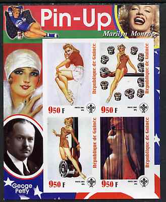 Guinea - Conakry 2003 Pin-up Art of George Petty featuring Marilyn Monroe imperf sheetlet containing 4 values (each with Scout logo) unmounted mint, stamps on , stamps on  stamps on films, stamps on  stamps on cinema, stamps on  stamps on entertainments, stamps on  stamps on women, stamps on  stamps on marilyn monroe, stamps on  stamps on personalities, stamps on  stamps on scouts, stamps on  stamps on arts, stamps on  stamps on glamour