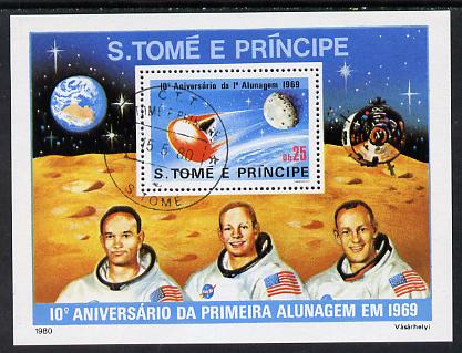 St Thomas & Prince Islands 1980 Moon Landing Anniversary perf m/sheet with 'CTT 15.5.80 St Tome cancel, pre-release publicity proof (m/sheet was issued 13.6.80), stamps on , stamps on  stamps on space