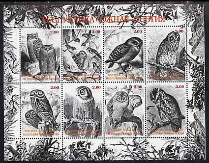 South Ossetia Republic 1999 ? Owls perf sheetlet containing 8 values (black & white) unmounted mint, stamps on , stamps on  stamps on birds, stamps on  stamps on birds of prey, stamps on  stamps on owls