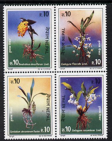 Nepal 1994 Orchids se-tenant strip or block of 4 unmounted mint, SG 579a, stamps on , stamps on  stamps on flowers    orchids