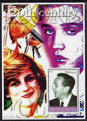 Somalia 2002 20th Century Icons #1 (Walt Disney) perf s/sheet (also shows Pope, Elvis, Mother Teresa & Diana in background) unmounted mint, stamps on personalities, stamps on millennium, stamps on pope, stamps on religion, stamps on disney, stamps on movies, stamps on films, stamps on royalty, stamps on diana, stamps on nobel, stamps on teresa, stamps on elvis, stamps on music