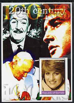 Somalia 2002 20th Century Icons #3 (Princess Diana) perf s/sheet (also shows Elvis, Walt Disney & The Pope in background) unmounted mint, stamps on , stamps on  stamps on personalities, stamps on  stamps on millennium, stamps on  stamps on pope, stamps on  stamps on religion, stamps on  stamps on disney, stamps on  stamps on movies, stamps on  stamps on films, stamps on  stamps on royalty, stamps on  stamps on diana, stamps on  stamps on elvis, stamps on  stamps on music