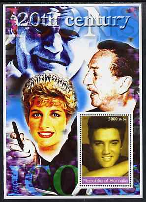 Somalia 2002 20th Century Icons #4 (Elvis) perf s/sheet (also shows Diana, Walt Disney & The Pope in background) unmounted mint, stamps on , stamps on  stamps on personalities, stamps on  stamps on millennium, stamps on  stamps on pope, stamps on  stamps on religion, stamps on  stamps on disney, stamps on  stamps on movies, stamps on  stamps on films, stamps on  stamps on royalty, stamps on  stamps on diana, stamps on  stamps on elvis, stamps on  stamps on music