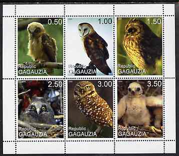 Gagauzia Republic 1999 Owls perf sheetlet containing 6 values, unmounted mint, stamps on , stamps on  stamps on birds, stamps on  stamps on birds of prey, stamps on  stamps on owls