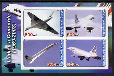 Congo 2003 Concorde #3 imperf sheetlet containing set of 4 values unmounted mint, stamps on , stamps on  stamps on concorde, stamps on  stamps on aviation