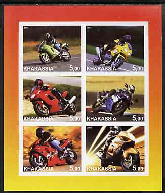 Chakasia 2001 Racing Motorcycles imperf sheetlet containing set of 6 values complete unmounted mint, stamps on , stamps on  stamps on motorbikes