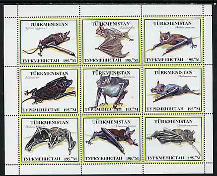 Turkmenistan 1999 ? Bats #1 perf sheetlet containing set of 9 values unmounted mint, stamps on , stamps on  stamps on mammals, stamps on  stamps on bats