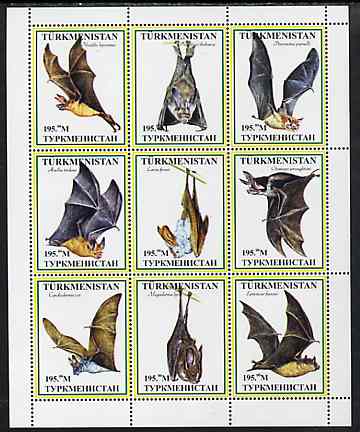 Turkmenistan 1999 ? Bats #2 perf sheetlet containing set of 9 values unmounted mint, stamps on , stamps on  stamps on mammals, stamps on  stamps on bats