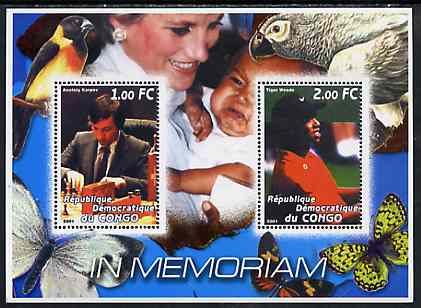 Congo 2001 In Memoriam #2 (Princess Di, Karpov & Tiger Woods) perf sheetlet containing 2 values unmounted mint, stamps on royalty, stamps on diana, stamps on personalities, stamps on women, stamps on butterflies, stamps on birds, stamps on sport, stamps on golf, stamps on chess