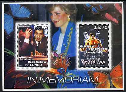Congo 2001 In Memoriam #4 (Princess Di, Garry Kasparov & Bruce Lee) perf sheetlet containing 2 values unmounted mint, stamps on royalty, stamps on diana, stamps on personalities, stamps on women, stamps on butterflies, stamps on birds, stamps on films, stamps on cinema, stamps on chess, stamps on martial arts