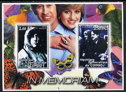 Congo 2001 In Memoriam #5 (Princess Di, Amundsen & Charlie Chaplin) perf sheetlet containing 2 values unmounted mint, stamps on royalty, stamps on diana, stamps on personalities, stamps on women, stamps on butterflies, stamps on birds, stamps on films, stamps on cinema, stamps on explorers, stamps on polar, stamps on parrots, stamps on comedy, stamps on chaplin