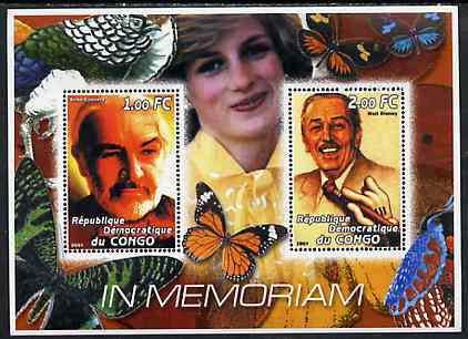 Congo 2001 In Memoriam #6 (Princess Di, Sean Connery & Walt Disney) perf sheetlet containing 2 values unmounted mint, stamps on , stamps on  stamps on royalty, stamps on  stamps on diana, stamps on  stamps on personalities, stamps on  stamps on women, stamps on  stamps on butterflies, stamps on  stamps on birds, stamps on  stamps on films, stamps on  stamps on cinema, stamps on  stamps on disney, stamps on  stamps on scots, stamps on  stamps on scotland