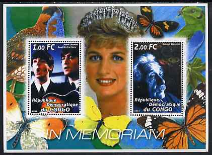 Congo 2001 In Memoriam #9 (Princess Di, Lennon & McCartney & Albert Einstein) perf sheetlet containing 2 values unmounted mint, stamps on royalty, stamps on diana, stamps on personalities, stamps on women, stamps on butterflies, stamps on birds, stamps on films, stamps on cinema, stamps on beatles, stamps on pops, stamps on music, stamps on science, stamps on nobel, stamps on judaica, stamps on personalities, stamps on einstein, stamps on science, stamps on physics, stamps on nobel, stamps on maths, stamps on space, stamps on judaica, stamps on atomics
