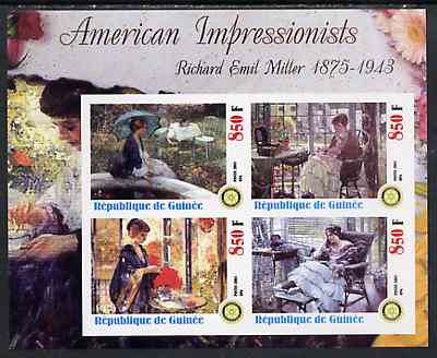 Guinea - Conakry 2003 American Impressionists - Richard Emil Miller imperf sheetlet containing set of 4 values each with Rotary Logo unmounted mint, stamps on , stamps on  stamps on arts, stamps on  stamps on rotary, stamps on  stamps on umbrellas