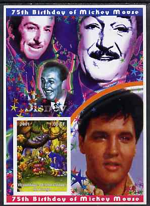 Congo 2001 75th Birthday of Mickey Mouse imperf s/sheet #01 showing Alice in Wonderland with Elvis & Walt Disney in background, unmounted mint, stamps on , stamps on  stamps on disney, stamps on  stamps on elvis, stamps on  stamps on music, stamps on  stamps on films, stamps on  stamps on cinema