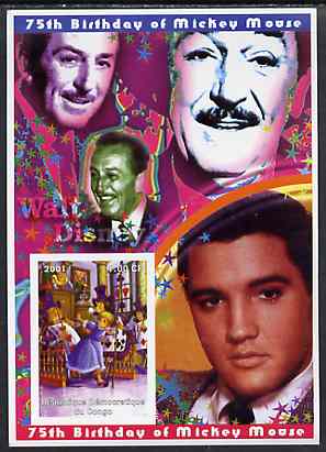 Congo 2001 75th Birthday of Mickey Mouse imperf s/sheet #03 showing Alice in Wonderland with Elvis & Walt Disney in background, unmounted mint, stamps on disney, stamps on elvis, stamps on music, stamps on films, stamps on cinema