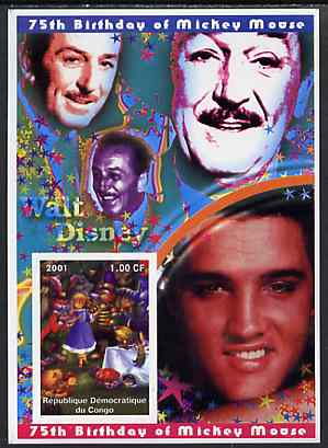 Congo 2001 75th Birthday of Mickey Mouse imperf s/sheet #04 showing Alice in Wonderland with Elvis & Walt Disney in background, unmounted mint, stamps on disney, stamps on elvis, stamps on music, stamps on films, stamps on cinema