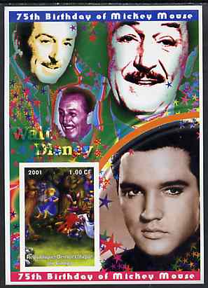 Congo 2001 75th Birthday of Mickey Mouse imperf s/sheet #08 showing Alice in Wonderland with Elvis & Walt Disney in background, unmounted mint, stamps on disney, stamps on elvis, stamps on music, stamps on films, stamps on cinema