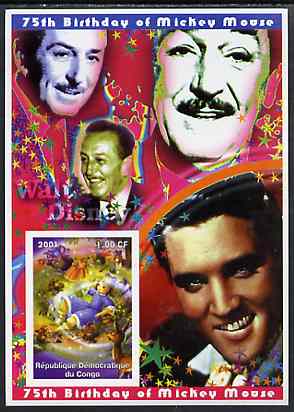 Congo 2001 75th Birthday of Mickey Mouse imperf s/sheet #09 showing Alice in Wonderland with Elvis & Walt Disney in background, unmounted mint, stamps on disney, stamps on elvis, stamps on music, stamps on films, stamps on cinema