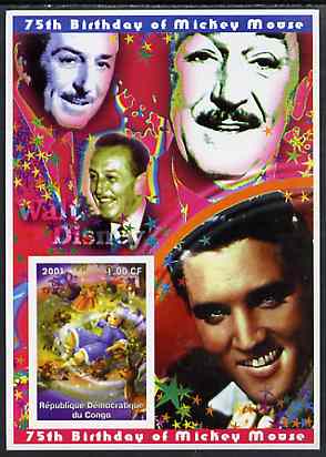 Congo 2001 75th Birthday of Mickey Mouse imperf s/sheet #09 showing Alice in Wonderland with Elvis & Walt Disney in background, unmounted mint, stamps on , stamps on  stamps on disney, stamps on  stamps on elvis, stamps on  stamps on music, stamps on  stamps on films, stamps on  stamps on cinema