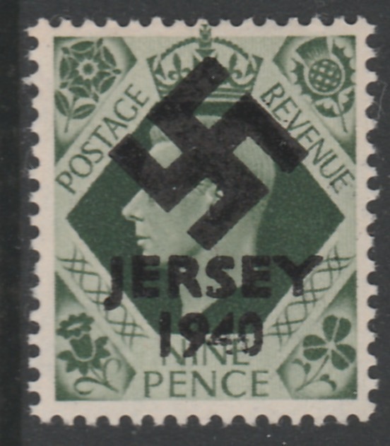 Jersey 1940 Swastika opt on Great Britain KG6 9d deep olive-green produced during the German Occupation but unissued due to local feelings. This is a copy of the overprint on a genuine stamp with forgery handstamped on the back, unmounted mint in presentation folder., stamps on , stamps on  stamps on forgery, stamps on  stamps on  kg6 , stamps on  stamps on  ww2 , stamps on  stamps on 