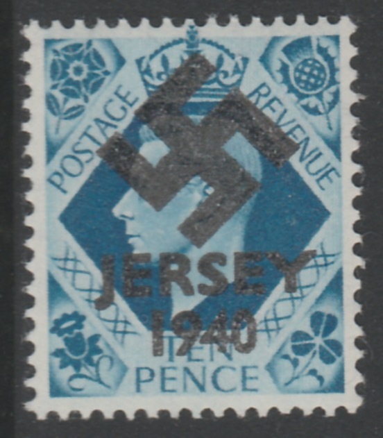 Jersey 1940 Swastika opt on Great Britain KG6 10d turquoise-blue produced during the German Occupation but unissued due to local feelings. This is a copy of the overprint on a genuine stamp with forgery handstamped on the back, unmounted mint in presentation folder., stamps on , stamps on  stamps on forgery, stamps on  stamps on  kg6 , stamps on  stamps on  ww2 , stamps on  stamps on 