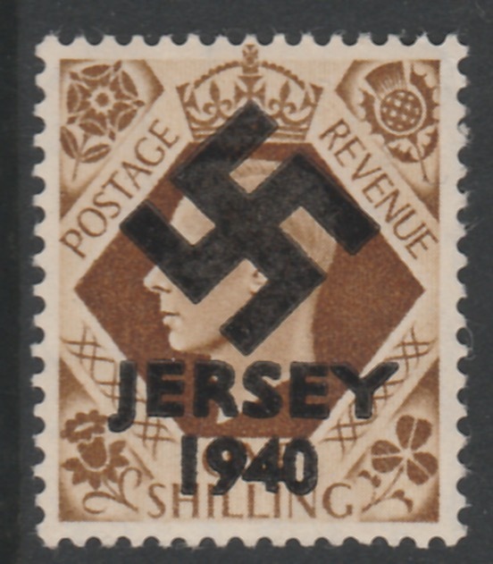 Jersey 1940 Swastika opt on Great Britain KG6 1s bistre-brown produced during the German Occupation but unissued due to local feelings. This is a copy of the overprint on a genuine stamp with forgery handstamped on the back, unmounted mint in presentation folder., stamps on , stamps on  stamps on forgery, stamps on  stamps on  kg6 , stamps on  stamps on  ww2 , stamps on  stamps on 