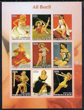 Benin 2003 Pin-Up Art of Al Buell imperf sheetlet containing set of 9 values unmounted mint, stamps on arts, stamps on women, stamps on nudes, stamps on fantasy