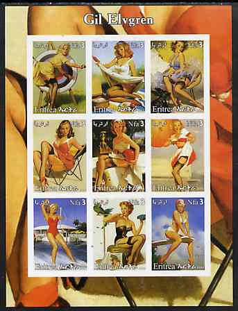 Eritrea 2003 Pin-Up Art of Gil Elvgren imperf sheetlet containing set of 9 values unmounted mint, stamps on , stamps on  stamps on arts, stamps on  stamps on women, stamps on  stamps on nudes, stamps on  stamps on fantasy