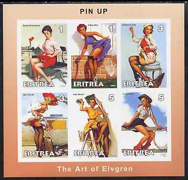 Eritrea 2001 Pin-Up Art #2 imperf sheetlet containing set of 6 values unmounted mint, stamps on , stamps on  stamps on arts, stamps on  stamps on women, stamps on  stamps on nudes, stamps on  stamps on fantasy