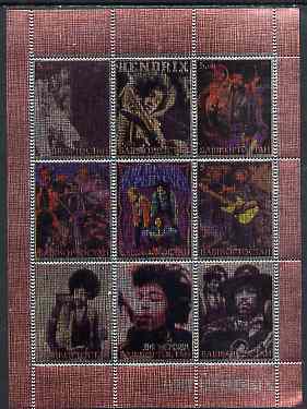 Bashkortostan 2000 Jimi Hendrix perf sheetlet containing 9 values printed on metallic foil unmounted mint, stamps on music, stamps on pops, stamps on personalities, stamps on rock, stamps on 