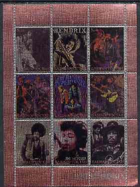 Bashkortostan 2000 Jimi Hendrix perf sheetlet containing 9 values printed on metallic foil unmounted mint, stamps on , stamps on  stamps on music, stamps on  stamps on pops, stamps on  stamps on personalities, stamps on  stamps on rock, stamps on  stamps on 