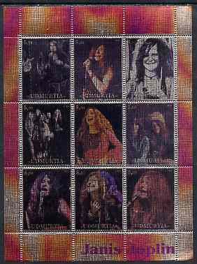 Udmurtia Republic 2000 Janis Joplin perf sheetlet containing 9 values printed on metallic foil unmounted mint, stamps on , stamps on  stamps on entertainments, stamps on  stamps on music, stamps on  stamps on pops, stamps on  stamps on personalities, stamps on  stamps on rock, stamps on  stamps on women