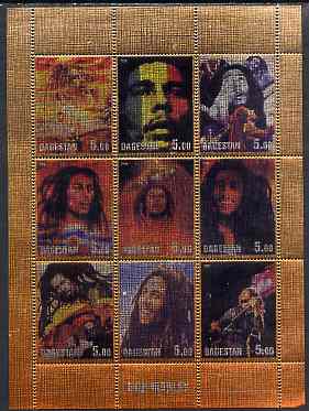 Dagestan Republic 2000 Bob Marley perf sheetlet containing 9 values printed on metallic foil unmounted mint, stamps on music, stamps on pops, stamps on personalities, stamps on rock, stamps on 