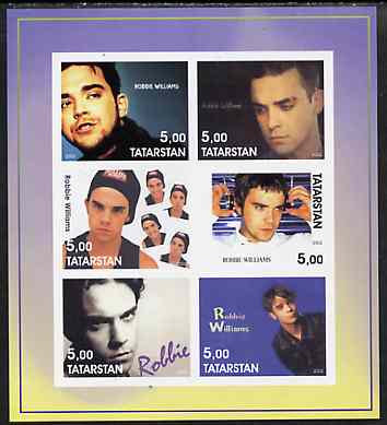 Tatarstan Republic 2002 Robbie Williams imperf sheetlet containing 6 values unmounted mint, stamps on music, stamps on pops, stamps on personalities, stamps on rock, stamps on 