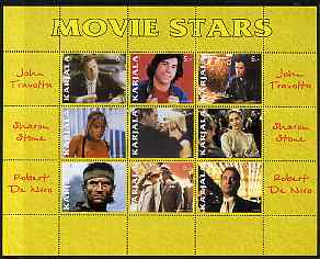 Karjala Republic 1999 Movie Stars perf sheetlet containing 9 values (John Travolta, Sharon Stone & Robert De Niro) unmounted mint, stamps on personalities, stamps on entertainments, stamps on films, stamps on cinema, stamps on 