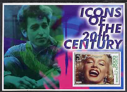 Somalia 2001 Icons of the 20th Century #01 perf s/sheet showing Marilyn Monroe with Bob Dylan in background unmounted mint, stamps on , stamps on  stamps on personalities, stamps on  stamps on millennium, stamps on  stamps on movies, stamps on  stamps on films, stamps on  stamps on music, stamps on  stamps on marilyn, stamps on  stamps on marilyn monroe