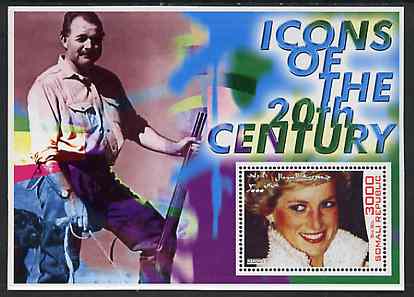 Somalia 2001 Icons of the 20th Century #03 perf s/sheet showing Princess Diana with Ernest Hemingway in background unmounted mint, stamps on personalities, stamps on millennium, stamps on royalty, stamps on literature, stamps on diana