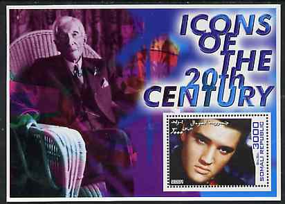 Somalia 2001 Icons of the 20th Century #06 perf s/sheet showing Elvis with ??? in background unmounted mint, stamps on personalities, stamps on millennium, stamps on music, stamps on elvis, stamps on 