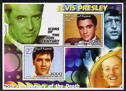 Somalia 2002 Elvis Presley 25th Anniversary of Death #01 perf sheetlet containing 2 values with Cary Grant, Walt Disney & Bill Gates in background unmounted mint, stamps on , stamps on  stamps on personalities, stamps on  stamps on millennium, stamps on  stamps on music, stamps on  stamps on elvis, stamps on  stamps on disney, stamps on  stamps on films, stamps on  stamps on cinema, stamps on  stamps on computers