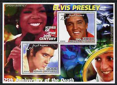 Somalia 2002 Elvis Presley 25th Anniversary of Death #02 perf sheetlet containing 2 values with Oprah Winfrey, Allen Ginsberg & Diana in background unmounted mint, stamps on , stamps on  stamps on personalities, stamps on  stamps on millennium, stamps on  stamps on music, stamps on  stamps on elvis, stamps on  stamps on films, stamps on  stamps on cinema, stamps on  stamps on  tv , stamps on  stamps on royalty