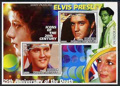 Somalia 2002 Elvis Presley 25th Anniversary of Death #05 perf sheetlet containing 2 values with Mary Pickford, Dali & Diana in background unmounted mint, stamps on , stamps on  stamps on personalities, stamps on  stamps on millennium, stamps on  stamps on music, stamps on  stamps on elvis, stamps on  stamps on films, stamps on  stamps on cinema, stamps on  stamps on arts, stamps on  stamps on royalty, stamps on  stamps on diana