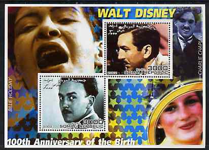 Somalia 2002 Birth Centenary of Walt Disney #04 perf sheetlet containing 2 values with Billie Holiday, Charlie Chaplin & Diana in background unmounted mint, stamps on personalities, stamps on millennium, stamps on disney, stamps on films, stamps on cinema, stamps on royalty, stamps on diana, stamps on music, stamps on comedy, stamps on chaplin
