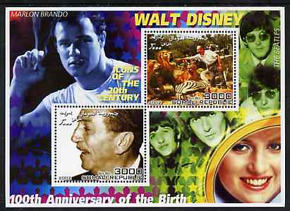 Somalia 2002 Birth Centenary of Walt Disney #05 perf sheetlet containing 2 values with Marlon Brando, The Beatles & Diana in background unmounted mint, stamps on personalities, stamps on millennium, stamps on disney, stamps on films, stamps on cinema, stamps on royalty, stamps on diana, stamps on music, stamps on beatles