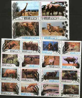 Manama 1971 Wild Life Conservation perf set of 20 unmounted mint (Mi 514-33A) , stamps on animals, stamps on ostrich, stamps on cats, stamps on leopards, stamps on zebra, stamps on giraffe, stamps on elephants, stamps on gnu
